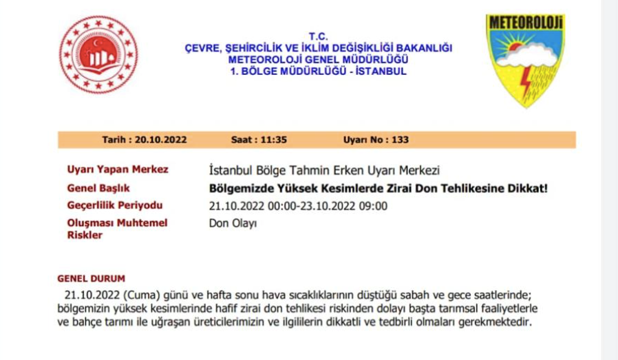 Meteoroloji Bölgemizi Don Tehlikesi ile Uyarıyor