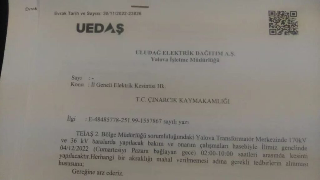 İlçemiz Çınarcık Genelinde Elektirik Kesintisi Duyurusu.
