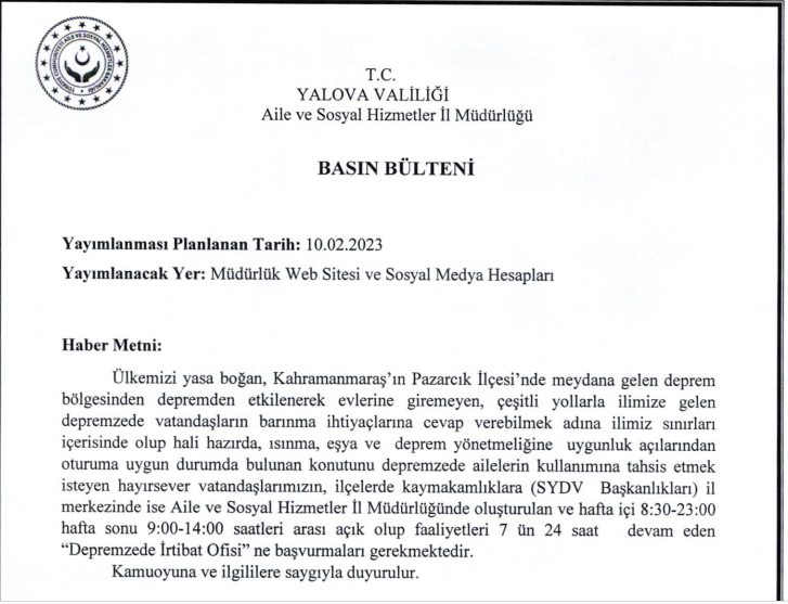Yalovamıza Ulaşan Depremzedelerin Barınması ile İlgili Bildiri (Lütfen Okuyalım)