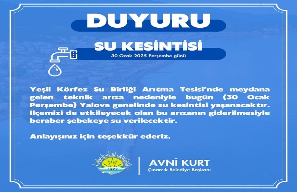 Çınarcık Su Ana Deposunda Temizlik Nedeniyle Akşama Kadar Su Verilemiyor!